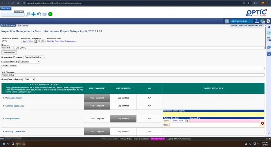The OPTIC System settings and customer profile